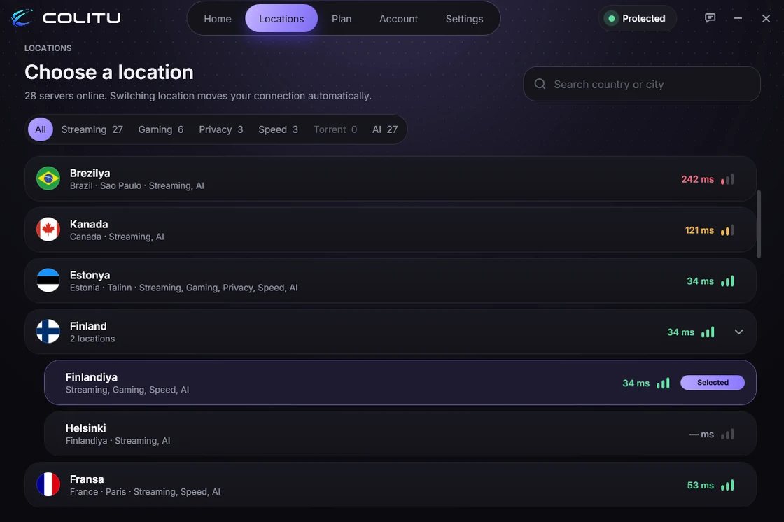 برنامهٔ Colitu برای Windows: فهرست مکان‌ها